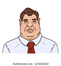 Vector Cartoon Business Avatar - Fat White Man In White Shirt And Red Necktie. Male Character Portrait