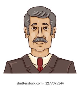 Vector Cartoon Business Avatar - Gray-haired Man with Moustache in Brown Suit. Male Character Portrait