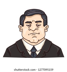 Vector Cartoon Business Avatar - Stern White Man in Black Suit. Male Character Portrait