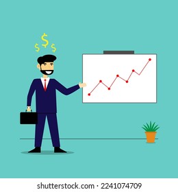 Vector cartoon business beard man show growth up graph of invesment in organization