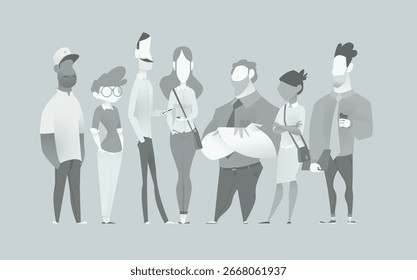 Personajes de negocios de dibujos animados de Vector en estilo de marcador de posición en escala de grises. Diversas personas sin rostro con gafas y peinados, perfectos para su diseño de Web, App o estampado.