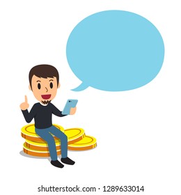 Vector cartoon business concept a man with big coin stack and speech bubble for design.