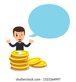 Vector cartoon business concept man with big coin stack and speech bubble for design.