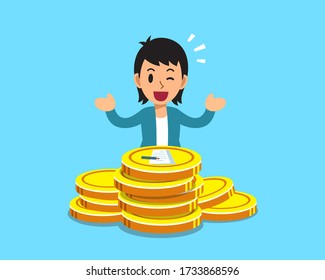 Vector cartoon business concept man with big money coins for design.