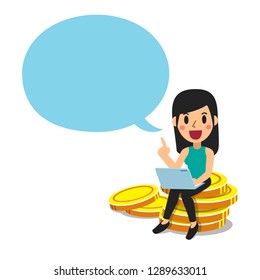 Vector cartoon business concept a woman with big coin stack and speech bubble for design.