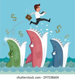 Vector cartoon Business in danger concept businessman jumping across big shark, Illustration