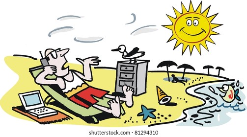 Vector cartoon of business executive on beach