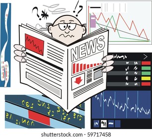 Vector cartoon of business executive reading newspaper with stock market falling.
