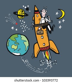 Vector cartoon of business executive tied to rocket in outer space