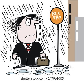 Vector cartoon of business executive waiting in rain at city bus stop. The man is annoyed at having to wait for transport in bad weather. 