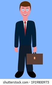 Vector cartoon business flat illustration. Smiling businessman in suit, tie, and briefcase.