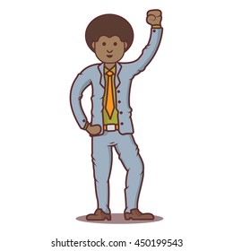 Vector cartoon business man with afro in happy pose.