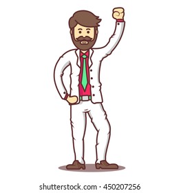 Vector cartoon business man with beard and mustache in happy pose.