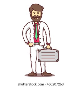 Vector cartoon business man with beard and mustache with briefcase.