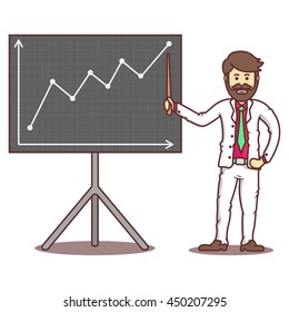 Vector cartoon business man with beard and mustache beside graph.
