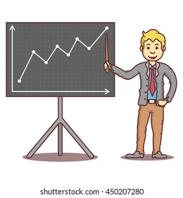 Vector cartoon business man blond beside graph.