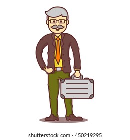 Vector cartoon business man gray-haired with mustache with briefcase.
