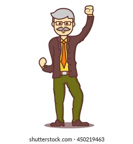 Vector cartoon business man gray-haired with mustache  in happy pose.