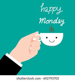Vector Cartoon Business Man Hand Holding A Cup of Coffee and Happy Monday