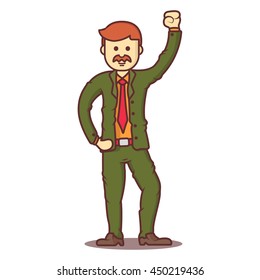 Vector cartoon business man redhead with mustache in happy pose.