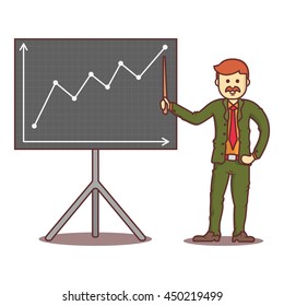 Vector cartoon business man redhead with mustache beside graph.