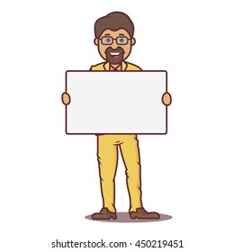 Vector cartoon business man swarthy with poster.