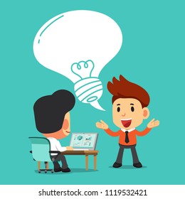 Vector cartoon business men at work with idea bubble for design.