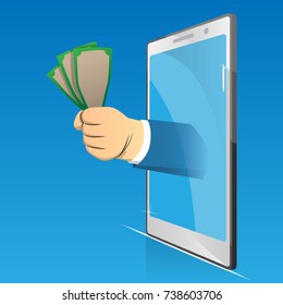 Vector cartoon business, online, e-business concept illustration of a hand holding money comes out from smartphone screen.