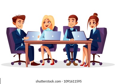 Vector cartoon business people sitting at desk with laptops communicating at brainstorming, meeting or conference. Teamwork, teambuilding concept. Happy men, women characters, managers office workers