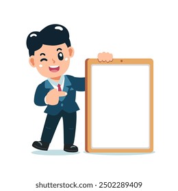 Vector cartoon businessman with blank board for design.