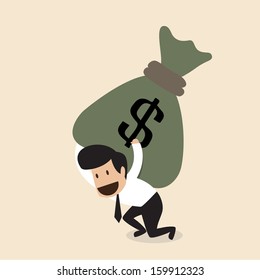 Vector cartoon of Businessman carry huge money bag