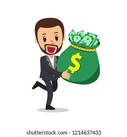 Vector cartoon businessman carrying big money bag for design.