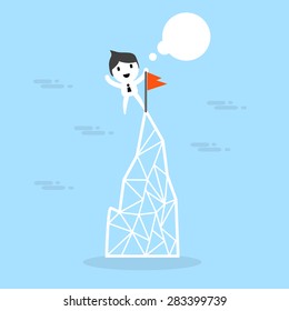 vector cartoon businessman climb up to the top of mountain