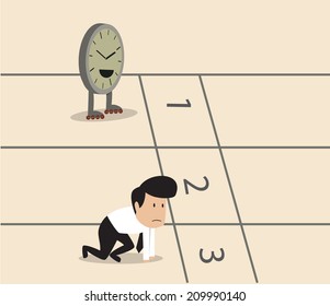 Vector cartoon of Businessman and clock with skate preparing on running track