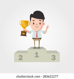 Vector Cartoon Businessman with Cup for the First Place