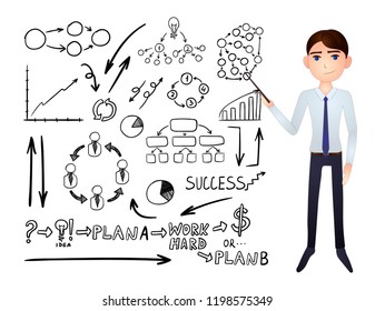Vector Cartoon Businessman and Doodle Budsiness Icons Set, Graphics and Charts, Hand Drawn Illustrations.
