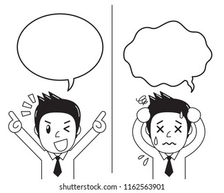 Vector cartoon businessman expressing different emotions with speech bubbles for design.