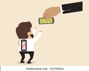 Vector cartoon of Businessman is given a new battery to replace empty one