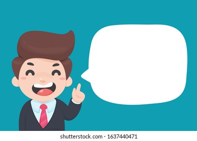 Vector cartoon businessman holding his finger up Suggest business ideas with blank text boxes.