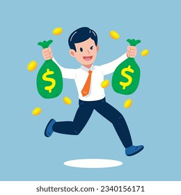 Vector cartoon businessman holding money bags for design.