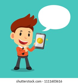 Vector cartoon businessman holding smartphone with money coin and white speech bubble