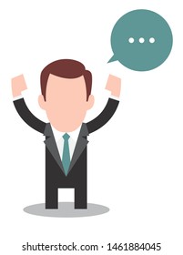 Vector cartoon businessman with raised handa and speech bubble. Avatar character vector illustration design. Isolated on white background.