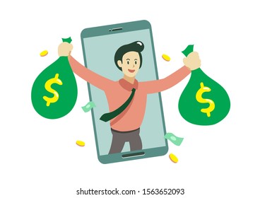 Vector cartoon businessman and smartphone earning money for design.