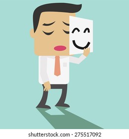 Vector cartoon businessman smiling mask to conceal his face tired and discouraged job.
