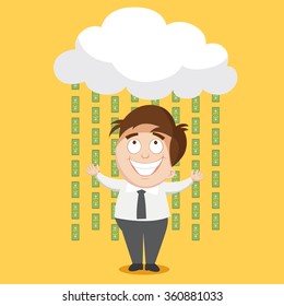 vector cartoon businessman standing in the dollar bill rain concept of businessman success, vector, illustration  