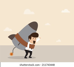 Vector cartoon businessman tied himself to a rocket