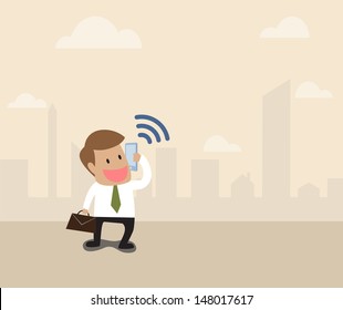Vector cartoon of Businessman use smart phone with wifi symbol