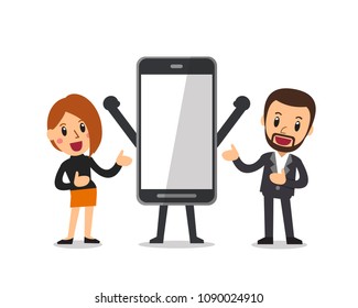Vector cartoon businessman and woman with big smartphone for design.
