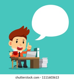 Vector cartoon businessman at work with white speech bubble