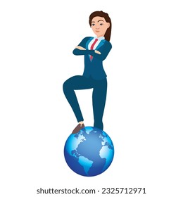 Vector Cartoon Businesswoman Foot on the Earth. Flat and Minimalism Illustration. 